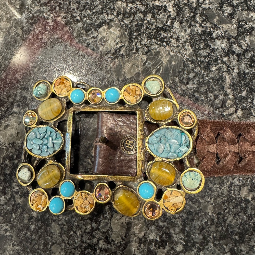 Leatherock Brown leather Belt with Turquoise and Amber Buckle